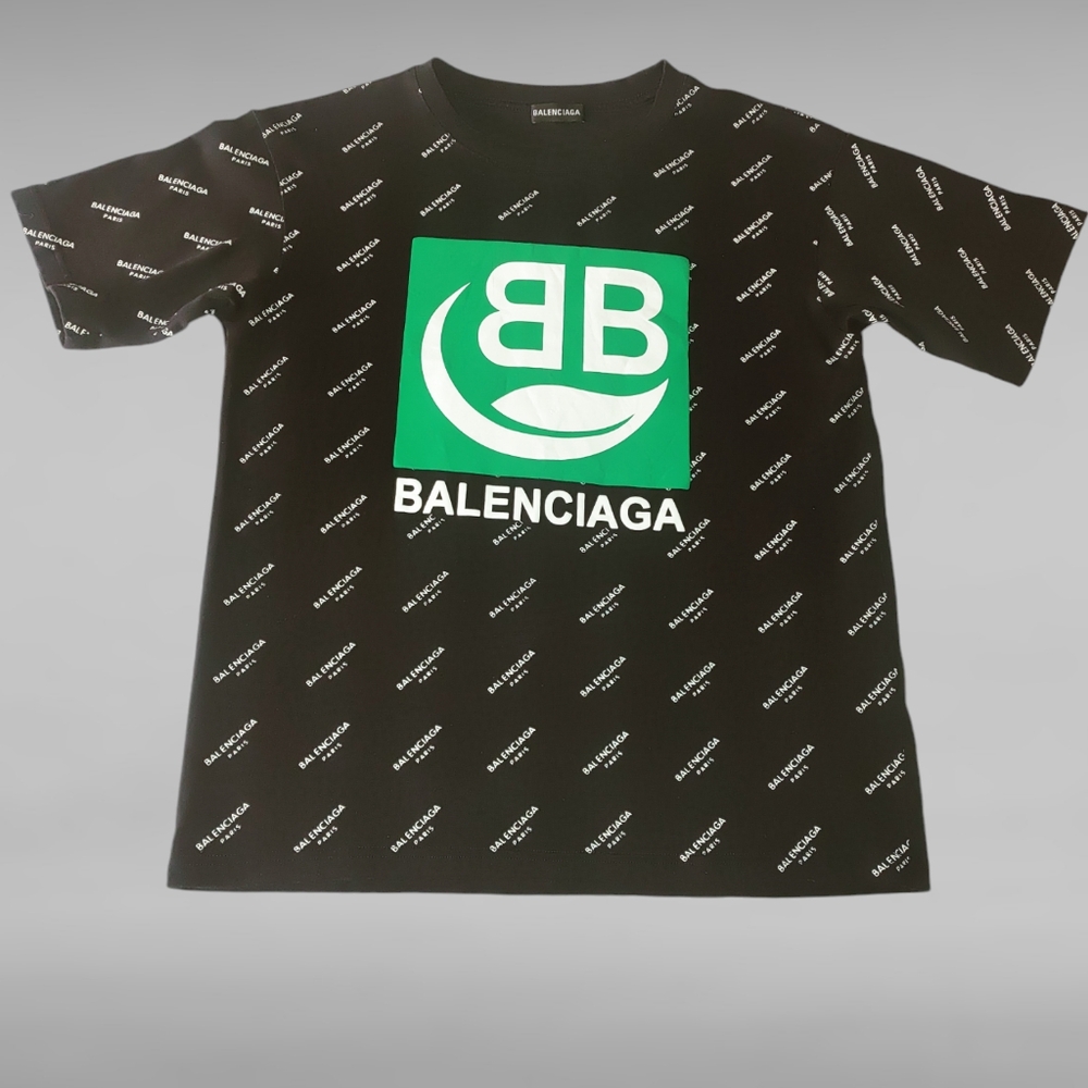 Balenciaga Bio Leaf Black T-Shirt All Over Logo Men's Small 100% Cotton Rare